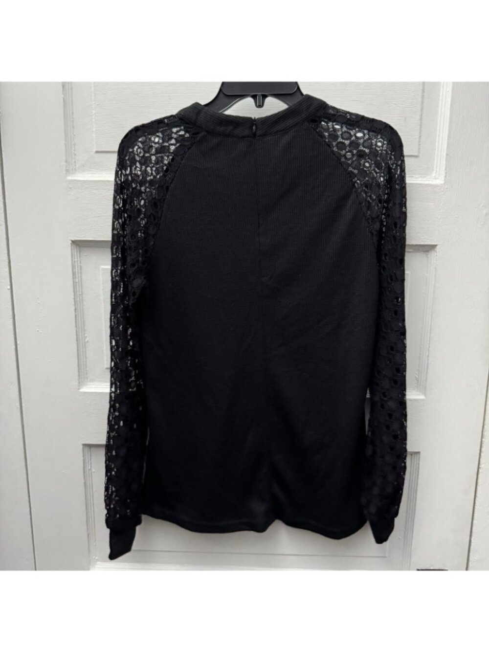 Miholl Black Waffle Knit Top Womens S Lace Sleeve Mock Neck Long Sleeve Casual - Picture 3 of 8